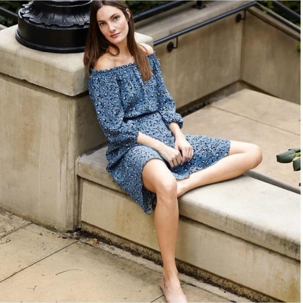 Tucker Off the Shoulder Midi Dress Twilight Leopard Blue Silk